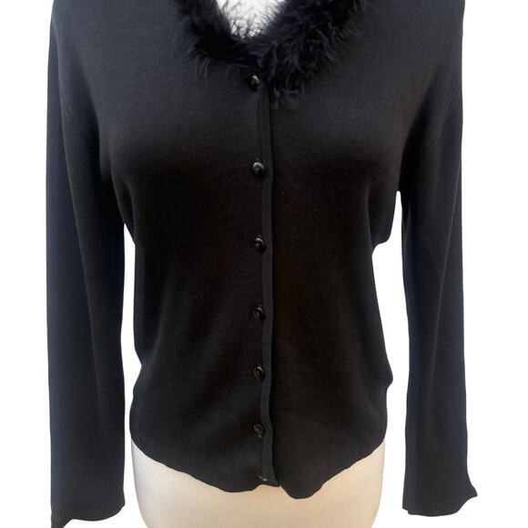 VTG Y2K Clio Cardigan Top L Silk Blend Black Feather Neckline Whimsigoth Witchy - Picture 3 of 9